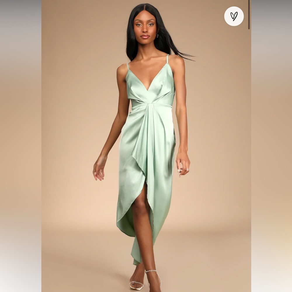 Lulus Caught Feelings Sage Green Satin Ruffled Midi Dress - Size M